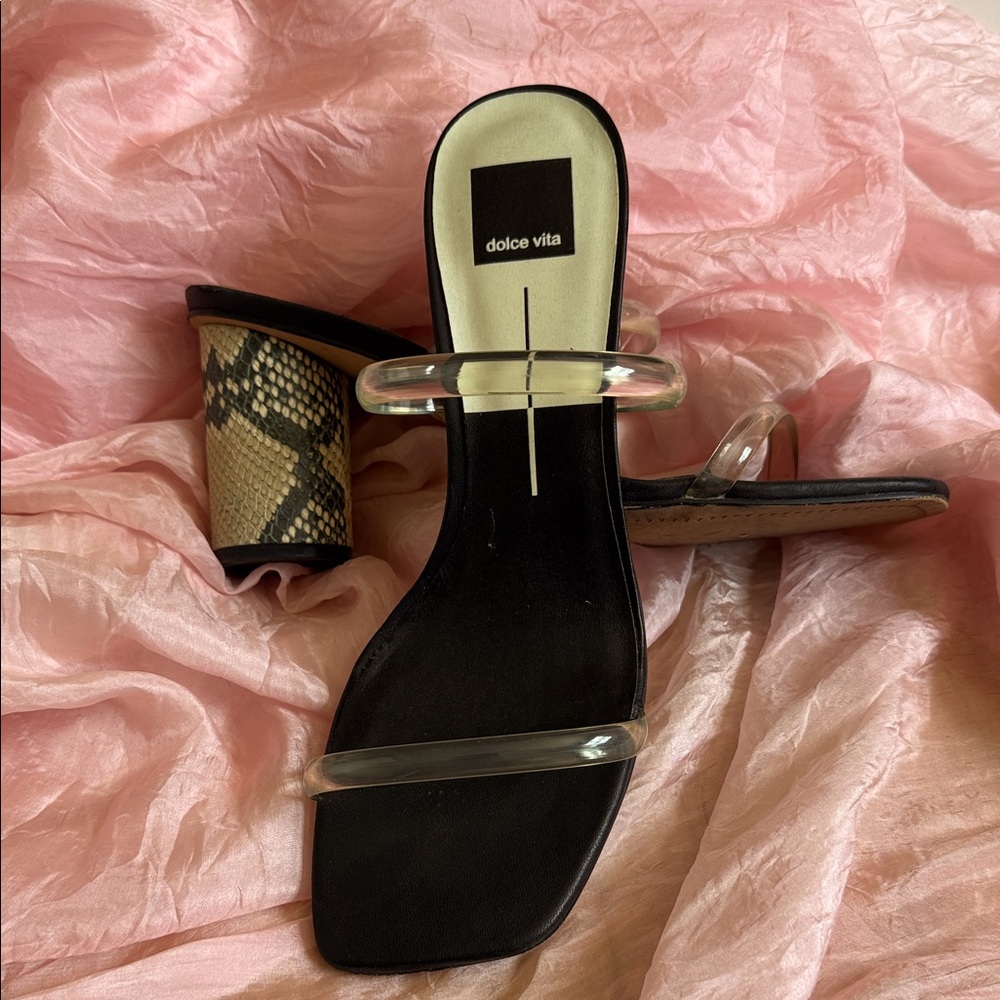 Dolce Vita Black and Tan Snakeskin Block Heel